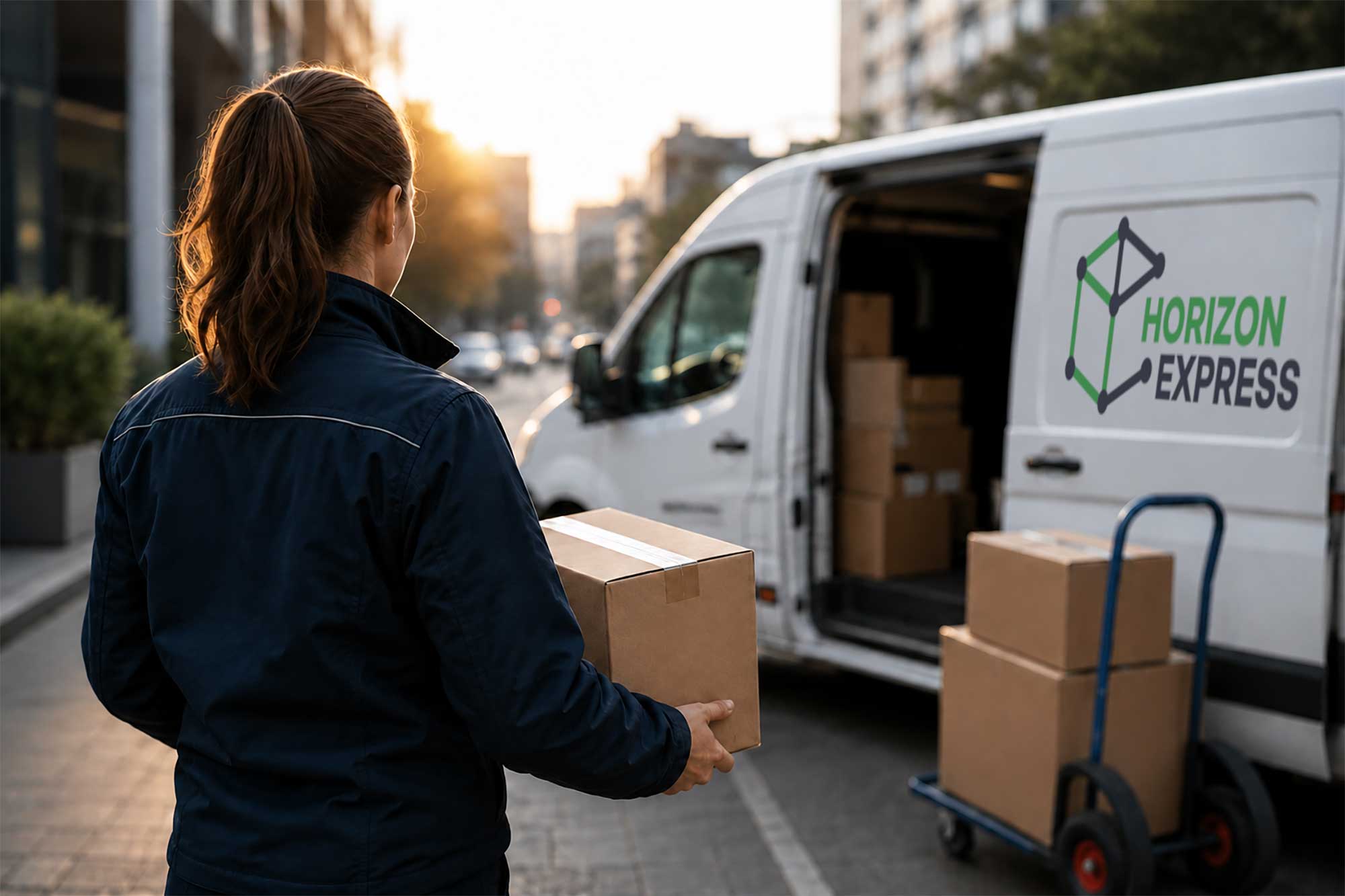 Woman packing cardboard boxes into a Horizon Express courier service van