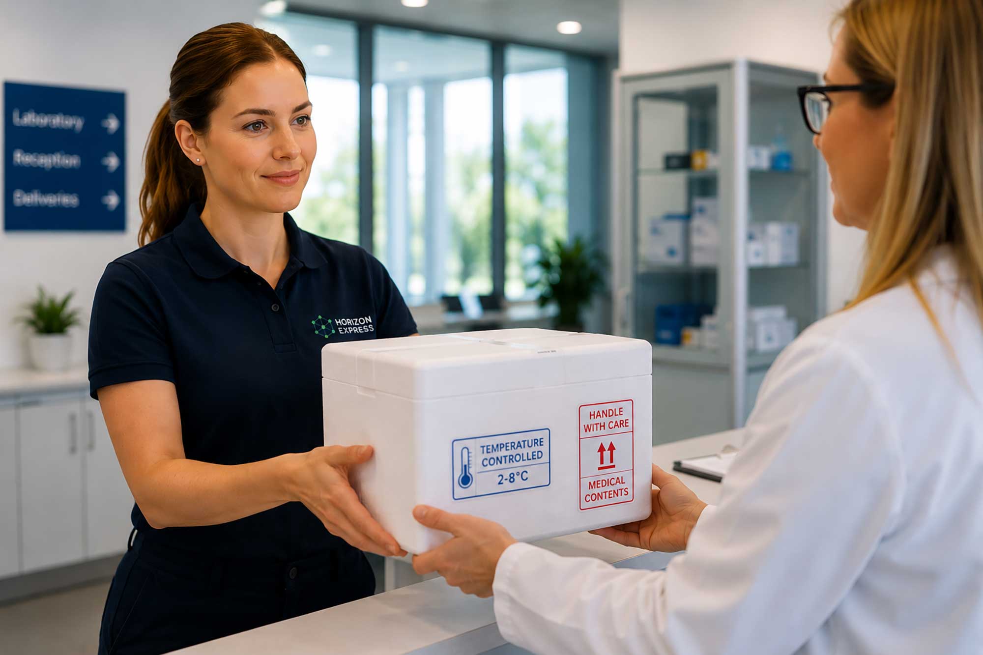 Horizon Express employee carefully handing over a box containing sensitive medical delivery.