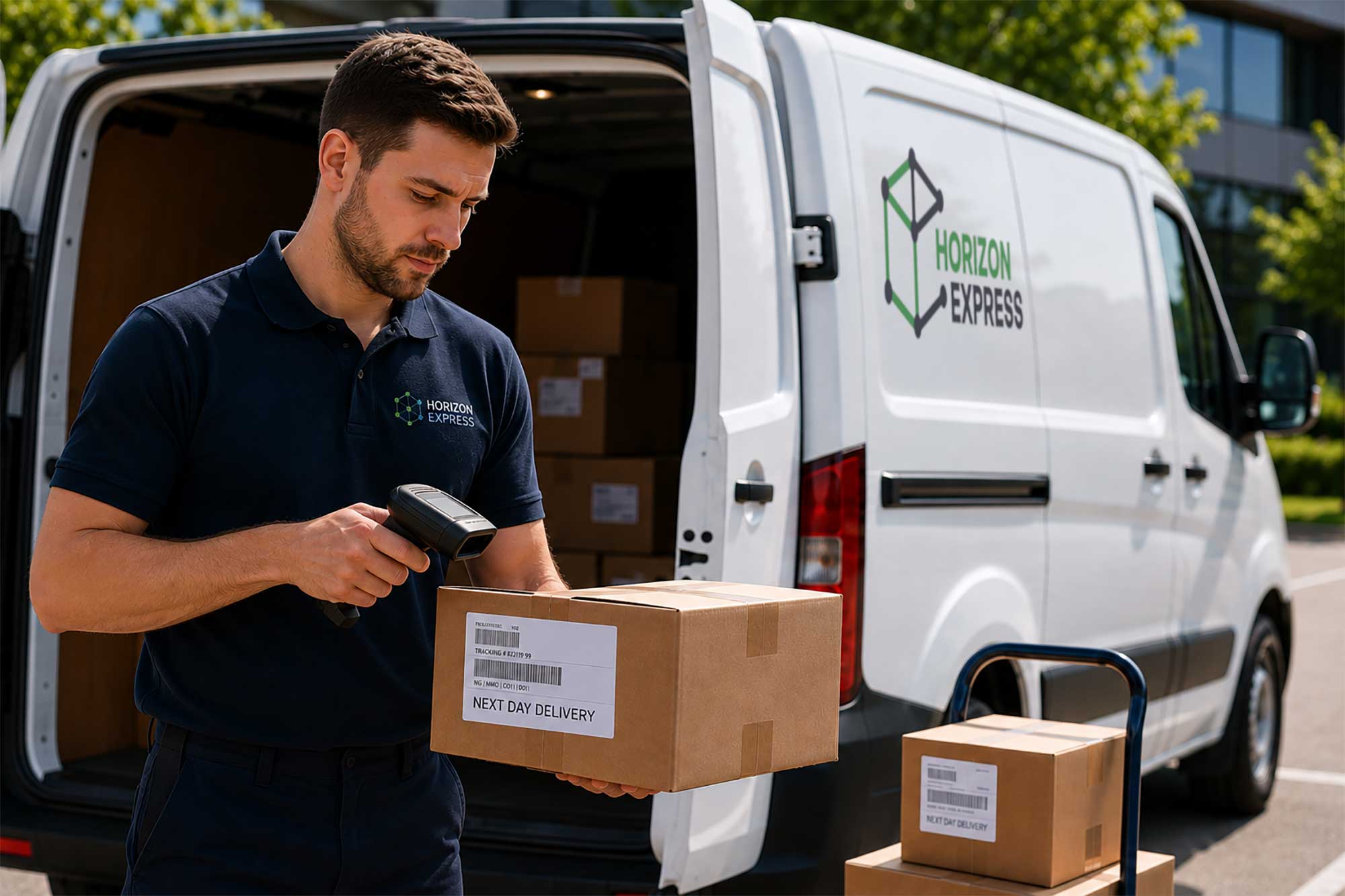 Horizon Express employee scanning box prior to packing in van