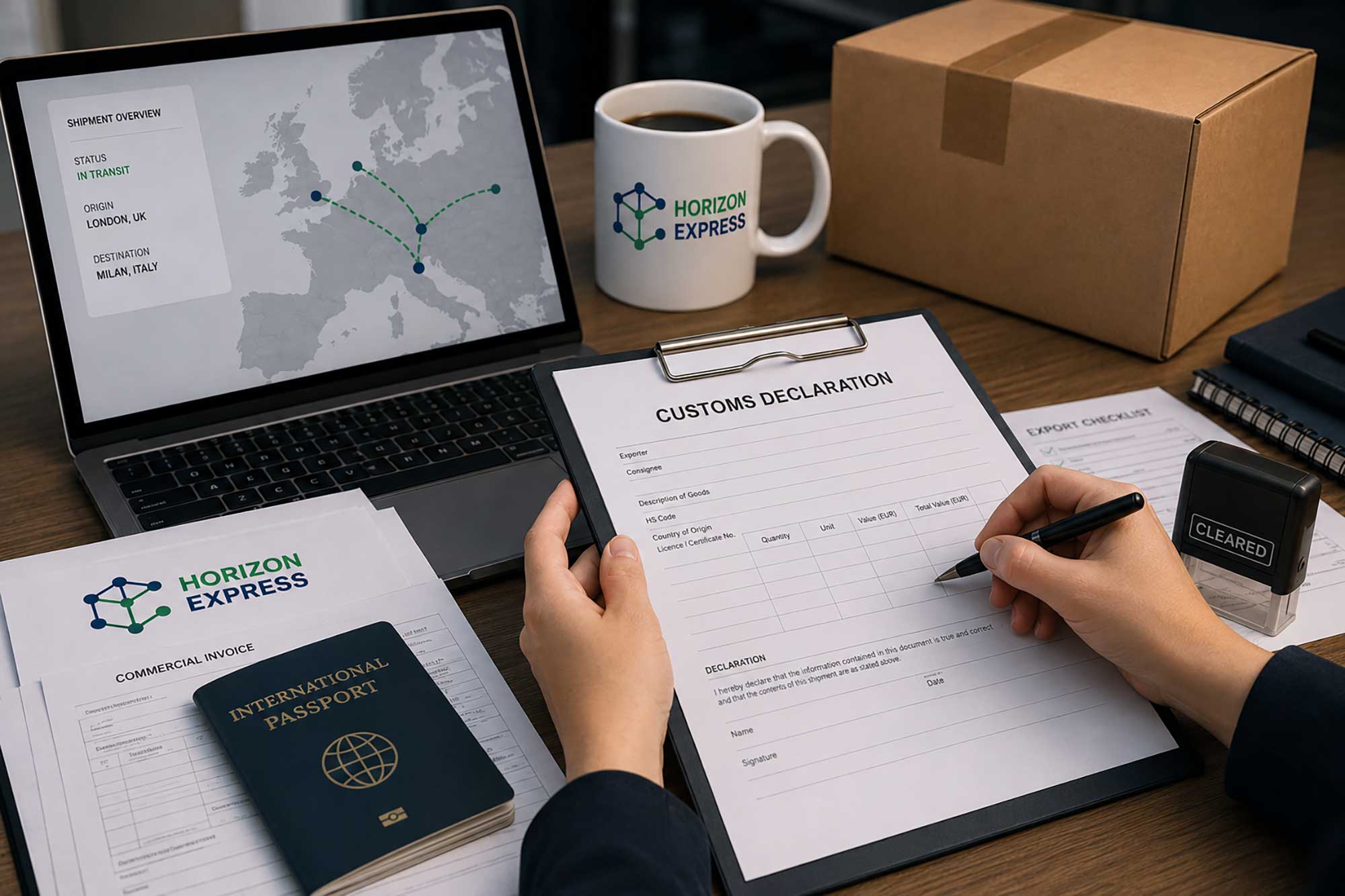 Customs and Documentation Support form being filled in by a Horizon Express employee