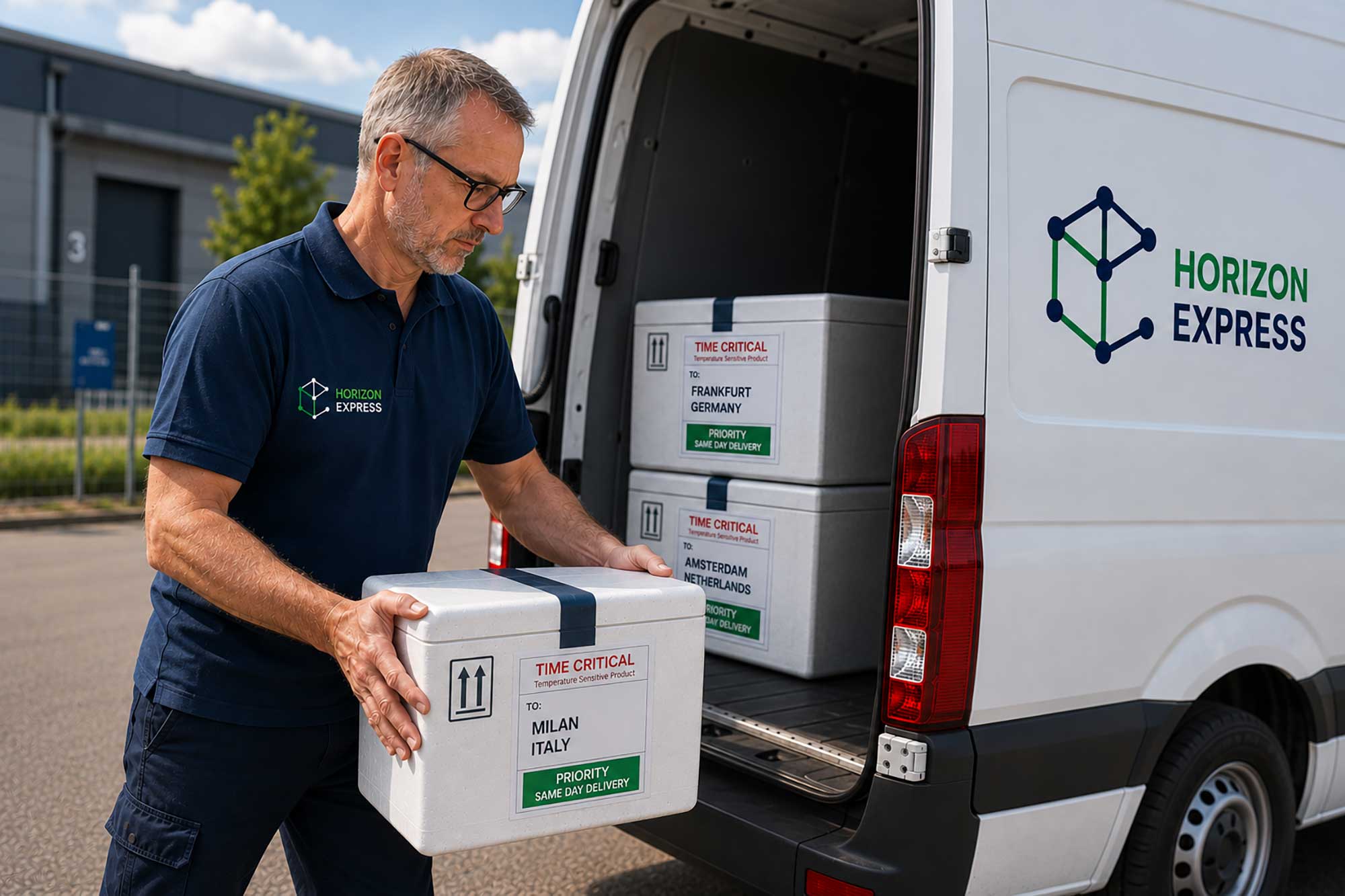 Man packing boxes into Horizon Express van