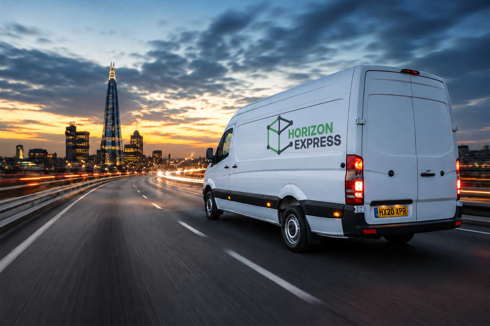 Horizon Express branded van driving into central London