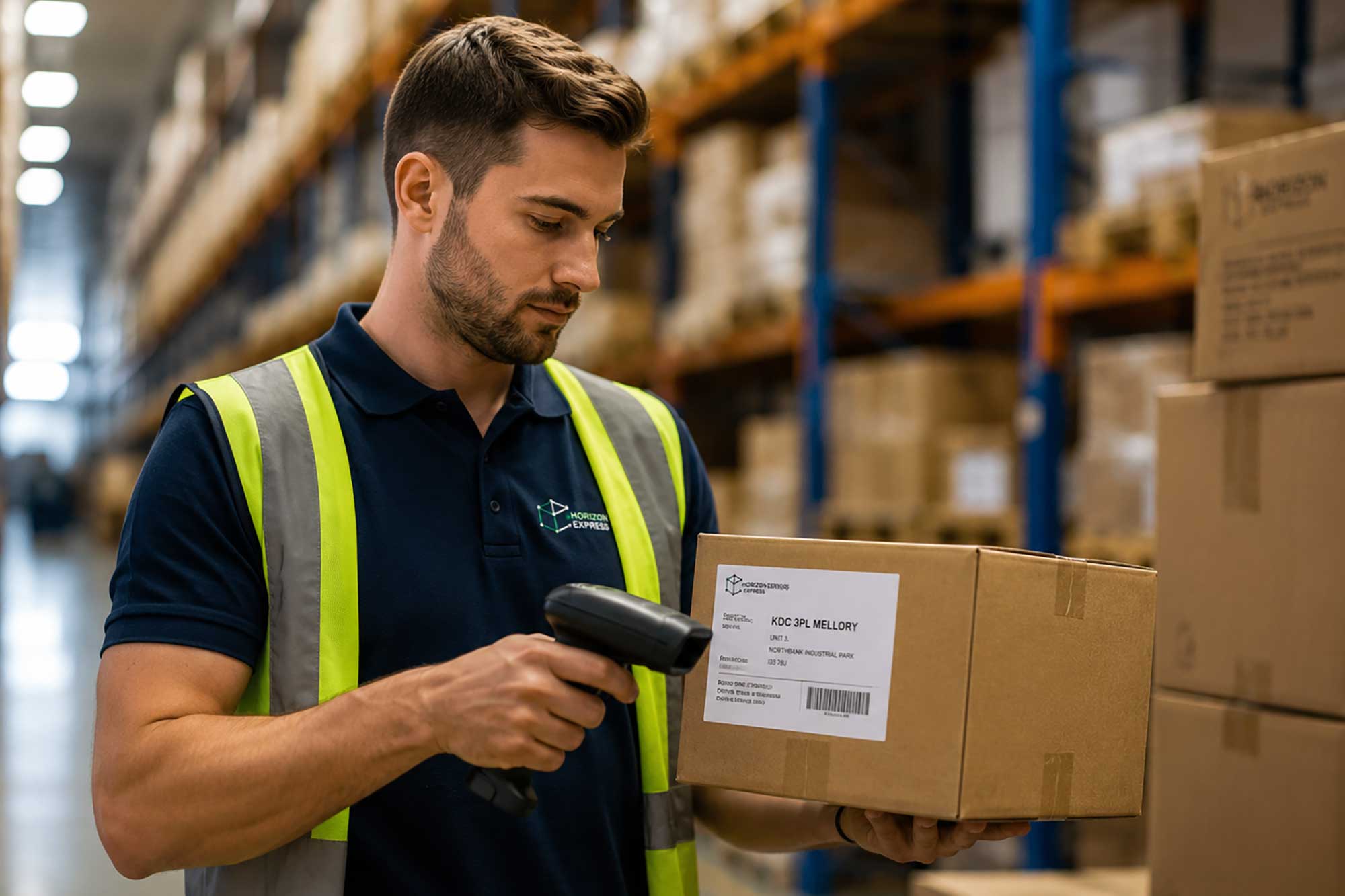 Horizon Express employee scanning box of healthcare supplies